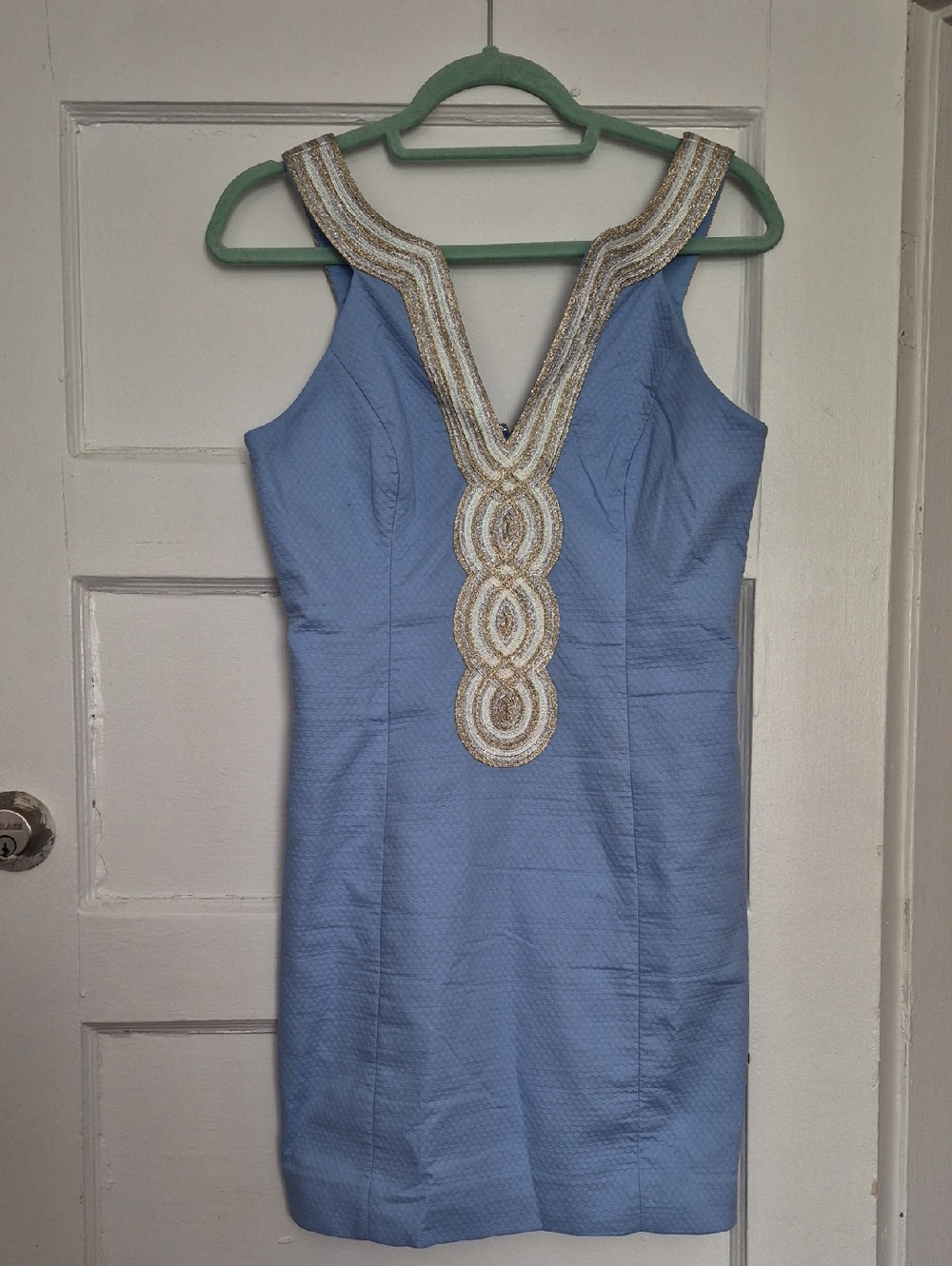 Lilly Pulitzer Powder Blue Sheath Dress with Gold Beaded V-Neck Size 4 - Picture 3 of 16